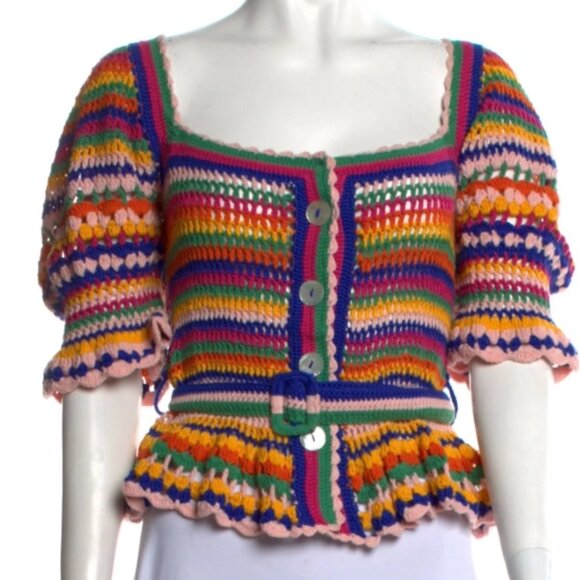 NWOT Rare Farm Rio Stripe Multicolor Crochet Cotton Blend Sweater/Top S $240 - Picture 4 of 11